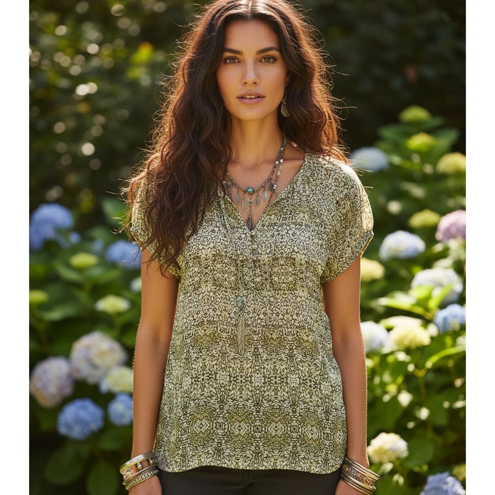 Liz Claiborne Cream Green Brown Tie Neck Top Cottage Boho Fairy Grunge Earthy LP